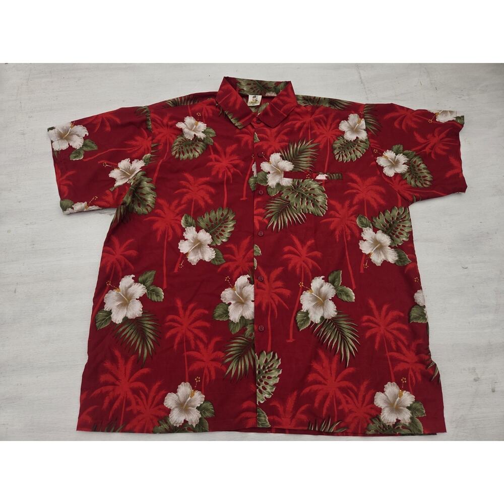 Rima Mens XL Button Up Hawaiian Shirt Red Floral Palms Short Sleeve Aloha